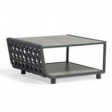 Tavolino struttura alluminio antracite, piano vetro 8 mm, rivestimento corda PVC
