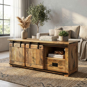 Porta TV legno mango 150 cm con 2 ante scorrevoli, ripiano e 2 cassetti