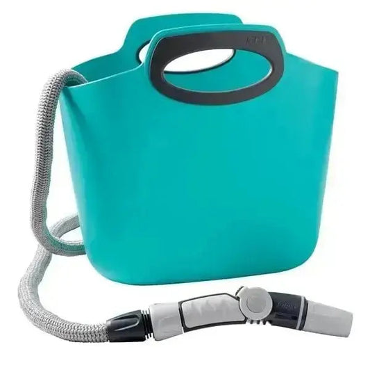 Kit tubo estensibile Acquapop 30mt con borsa grande turchese e tubo grigio. Ideale per irrigazione, leggero e compatto.