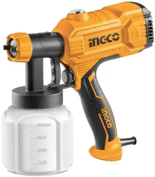 Aerografo INGCO 350W con serbatoio da 800 ml, ideale per verniciatura di pareti, mobili e auto. Design ergonomico e pressione regolabile.
