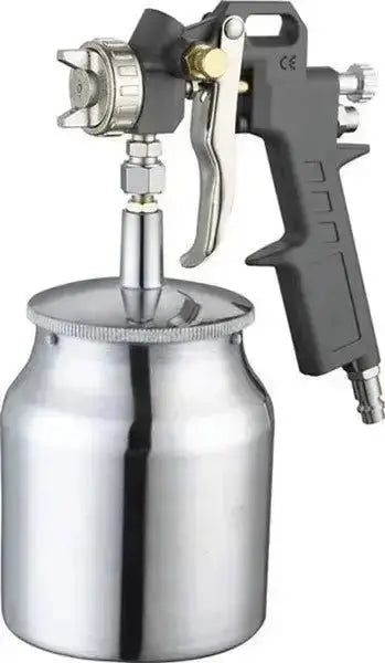 Aerografo per verniciatura a bassa pressione con serbatoio in acciaio e attacco rapido EU, ideale per utensili e accessori aria compressa.