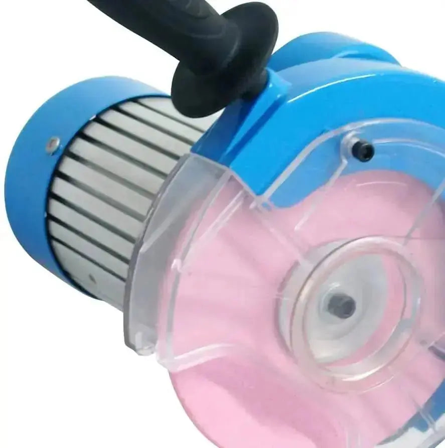 Vista ravvicinata del disco abrasivo rosa da 145 mm dell'affilacatene elettrico 230W con protezione trasparente.