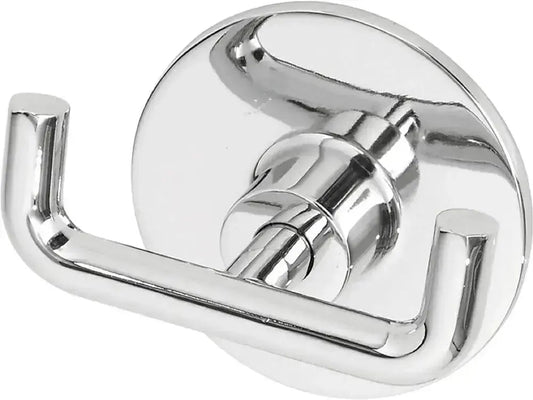 Gancio in acciaio cromato con doppia modalità di fissaggio, ideale per bagno moderno. Fissaggio con adesivo o viti per massima versatilità.