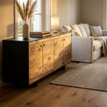 Mobile 4 ante in legno pino riciclato naturale e nero 180x48x76 cm