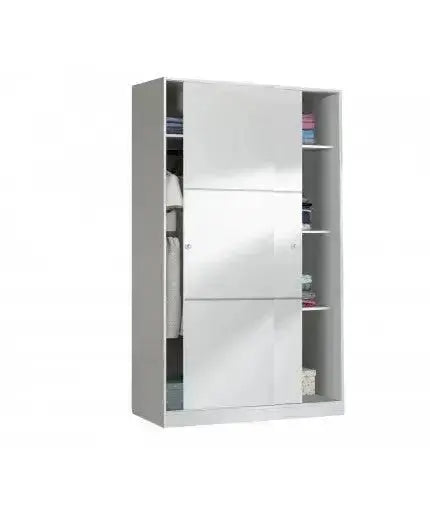 Armadio scorrevole 120x50x200h bianco lucido con 2 ante e 5 ripiani interni. Design moderno e funzionale per organizzare spazi.