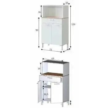 Dimensioni dell'armadio da cucina bianco Canadian con 2 ante, 1 cassetto e ripiano fisso, dettagli tecnici e misure in centimetri.