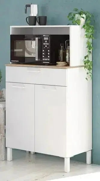 Armadio da cucina bianco Canadian con design moderno, 2 ante, 1 cassetto e ripiano fisso, decorato con piante e stoviglie.