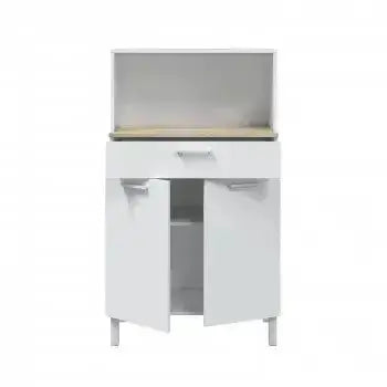 Armadio da cucina bianco Canadian con ante aperte, cassetto e ripiano fisso, perfetto per organizzare utensili e accessori.