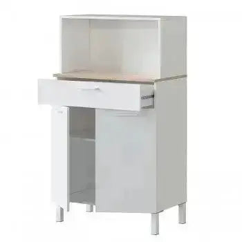Armadio da cucina bianco Canadian con cassetto aperto e anta aperta, ideale per riporre utensili e accessori da cucina.