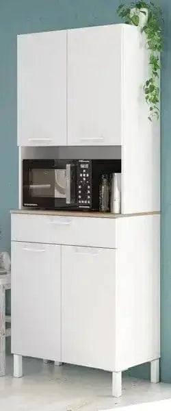 Armadio da cucina bianco e rovere con 4 ante e 1 cassetto, design moderno con spazio per microonde, ideale per organizzare utensili.