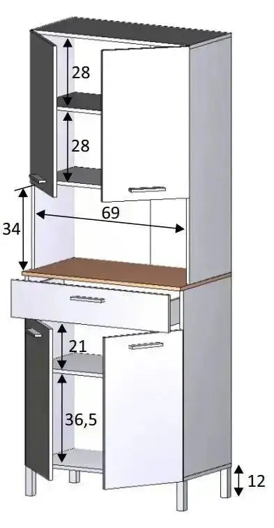 Schema tecnico dell'armadio da cucina bianco e rovere con misure dettagliate, 4 ante, 1 cassetto e piano di lavoro in rovere.