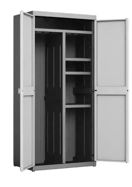 Armadio in resina alto con vano portascope e 3 ripiani regolabili, design bitono grigio, dimensioni 89x54x182 cm, porte aperte.