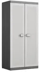 Armadio in resina alto con design bitono grigio, porte chiuse, ideale per organizzare utensili e attrezzi, dimensioni 89x54x182 cm.