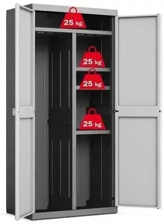 Armadio in resina con vano portascope e ripiani regolabili, capacità di carico 25 kg per ripiano, design bitono grigio.