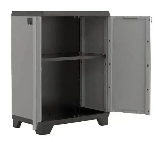 Stilo Cabinet Low, Armadio in resina grigio scuro con ripiani regolabili e porta aperta, dimensioni 90x68x39 cm.