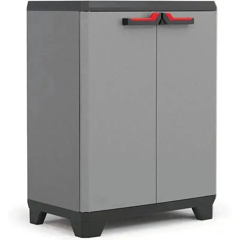 Armadio in resina Stilo Cabinet Low grigio scuro con doppia anta chiusa, maniglia ergonomica rossa, dimensioni 90x68x39 cm.