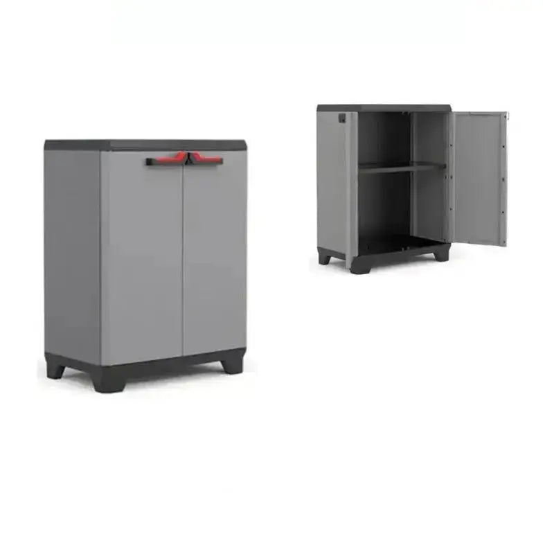 Vista frontale e laterale del Stilo Cabinet Low in resina grigio scuro con doppia anta e ripiani regolabili, dimensioni 90x68x39 cm.