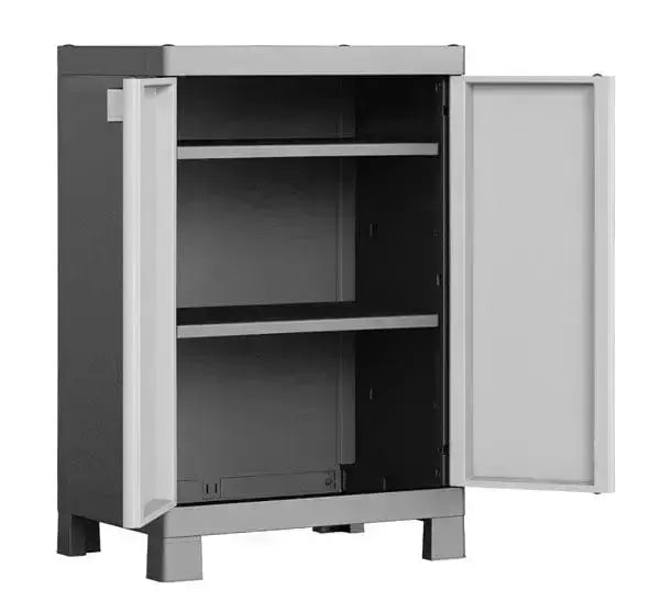 Armadio in resina alto con 2 ripiani regolabili, colore bitono grigio, dimensioni 65x45x97 cm, con ante aperte e ripiani visibili.
