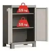 Armadio in resina alto con 2 ripiani regolabili, colore bitono grigio, con capacità di carico di 15 kg per ripiano, dimensioni 65x45x97 cm.
