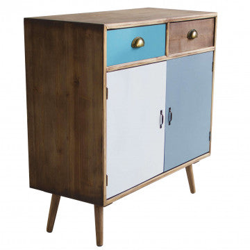 Mobiletto in MDF e legno di pino con 2 ante e 2 cassetti colorati