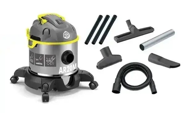 Aspiratore 4 in 1 LT.20 1200W con fusto in acciaio inox, tubo flessibile, accessori per solidi, liquidi, ceneri e funzione soffiatore.