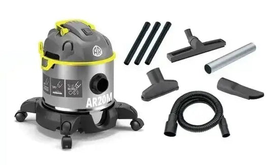 Aspiratore 4 in 1 LT.20 1200W con fusto in acciaio inox, tubo flessibile, accessori per solidi, liquidi, ceneri e funzione soffiatore.
