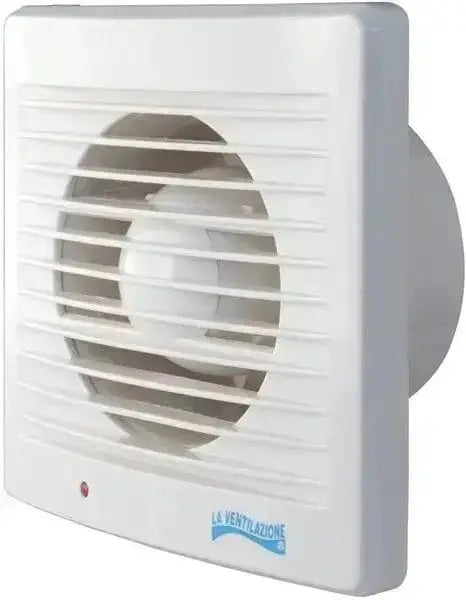 Aspiratore elicoidale da parete Ø120 mm, 16W, con griglia bianca e indicatore luminoso. Compatto, silenzioso e ideale per ventilazione domestica.