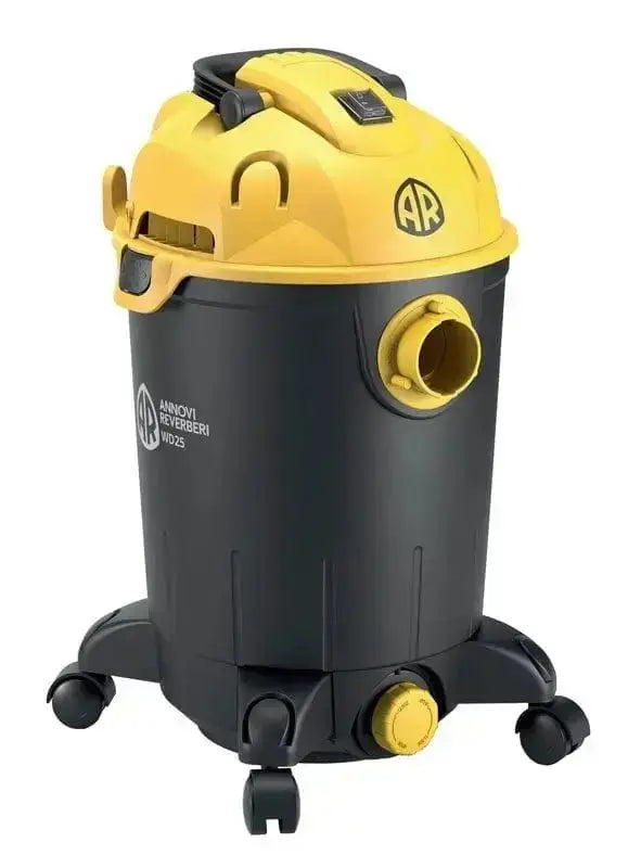Aspiratutto Annovi Reverberi 25L 1200W con fusto in plastica robusta, tubo flessibile e ruote piroettanti per aspirazione liquidi e polveri.