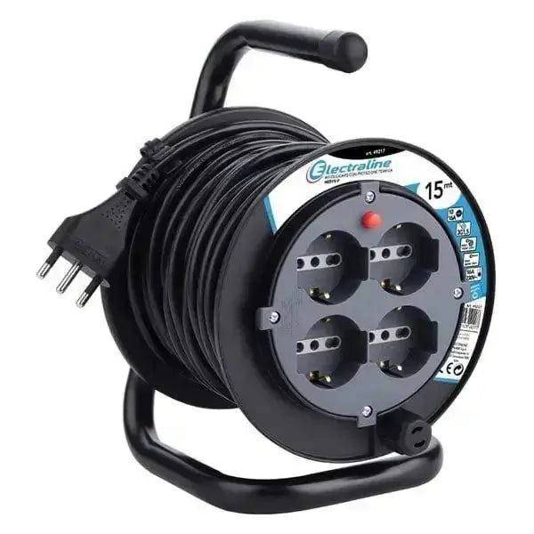 Avvolgicavo bricolage 3x1,5 da 15 metri con 4 prese schuko e spina 16A, ideale per uso domestico e hobbistico. Modello con disgiuntore termico.