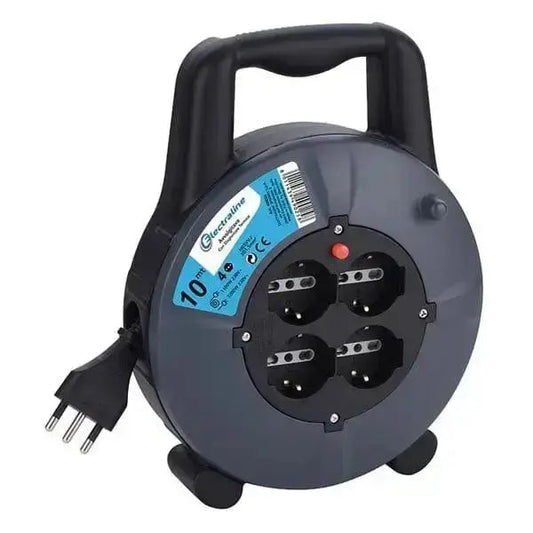 Avvolgicavo domestico 3x1,5 mt.10 con 4 prese schuko 10/16A e spina 16A, cavo H05VV-F, protezione termica, ideale per uso interno.