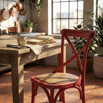 Sedia vintage in rattan e legno rosso 46x42x87 cm peso 4,5 kg
