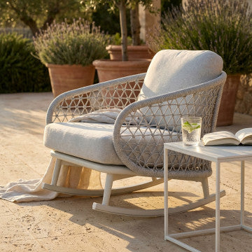 Poltrona dondolo struttura alluminio corda grigio cuscini idrorepellenti