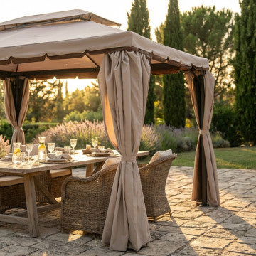 Gazebo 3x4 metri con telo in poliestere, copertura protettiva beige, allestito con tavolo e sedie per pranzi all'aperto