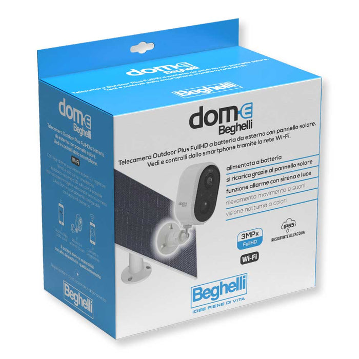 Confezione originale della telecamera outdoor WiFi 3MP con pannello solare, scatola blu e bianca con dettagli tecnici e logo Beghelli