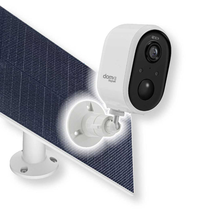 Telecamera smart WiFi outdoor 3MP con pannello solare 5W, corpo bianco, obiettivo grandangolare, resistente IP65, ideale per videosorveglianza esterna