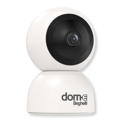 Telecamera WiFi motorizzata Beghelli FullHD 3MP bianca con lente grandangolare e design compatto, ideale per sorveglianza domestica