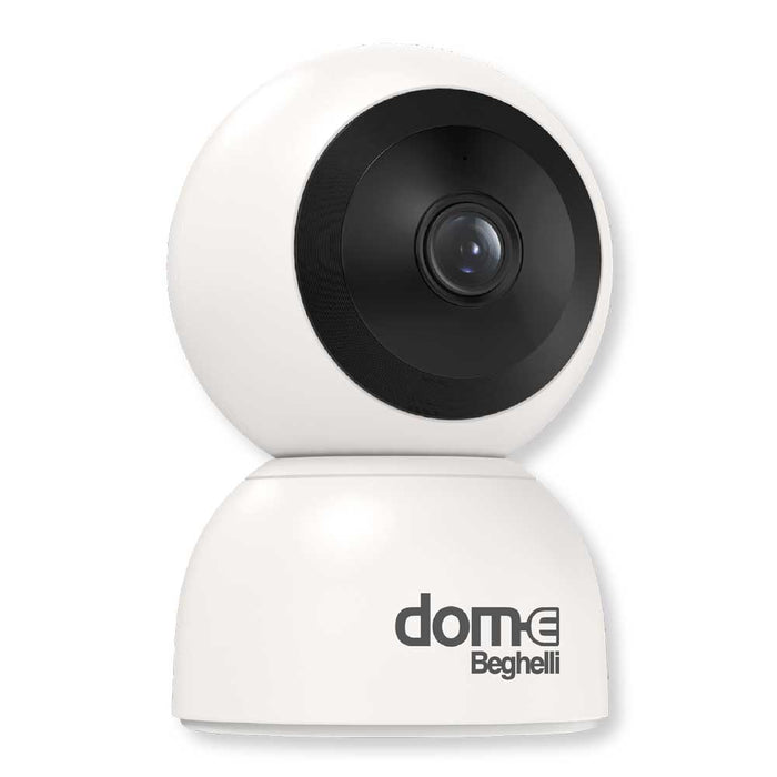 Telecamera WiFi motorizzata Beghelli FullHD 3MP bianca con lente grandangolare e design compatto, ideale per sorveglianza domestica