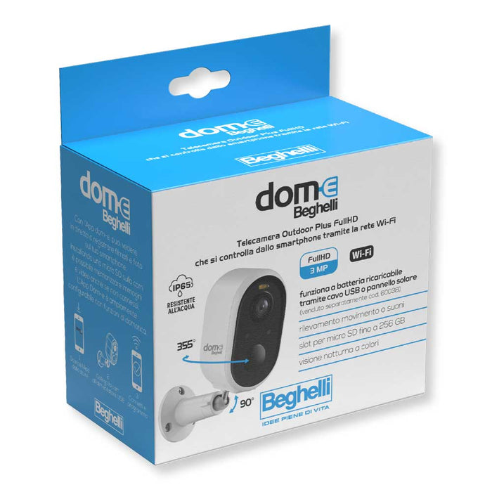 Logo Beghelli blu e bianco, marchio della telecamera WiFi outdoor Full HD 3MP, prodotto resistente e di alta qualità
