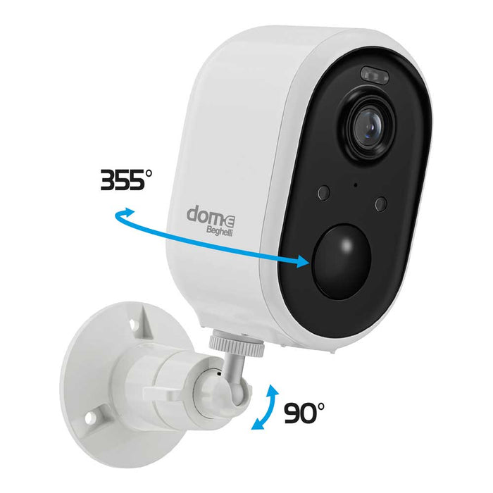 Telecamera WiFi outdoor Full HD 3MP con corpo bianco, rotazione di 355°, angolo di visione di 90°, controllo tramite smartphone