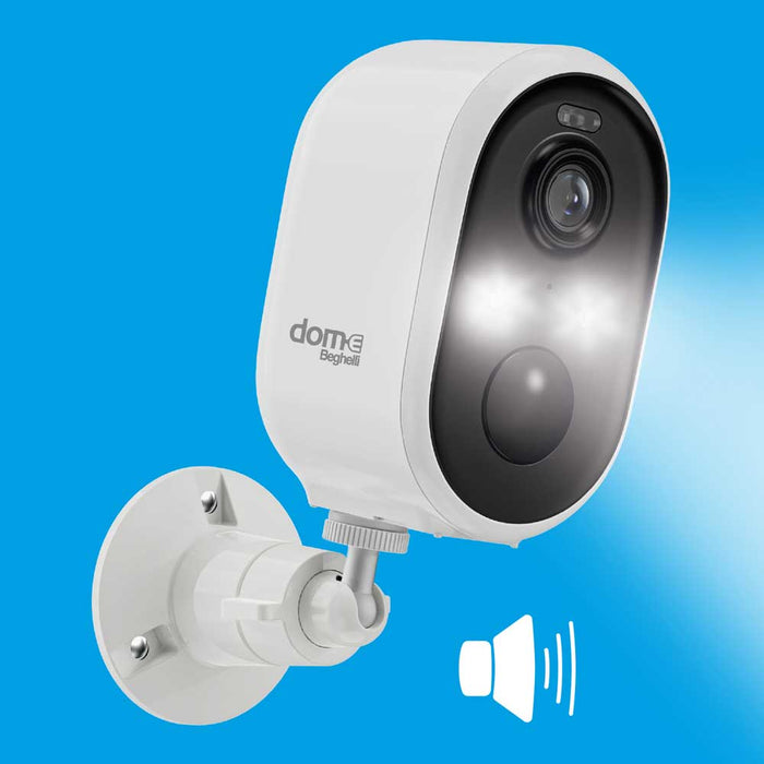 Immagine della confezione della telecamera WiFi outdoor Full HD 3MP con corpo bianco, certificazione IP65, compatibile con app