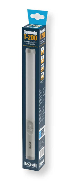 Confezione originale della lampada LED Beghelli ricaricabile USB, cilindrica, bianca, con dettagli di packaging blu e logo Beghelli