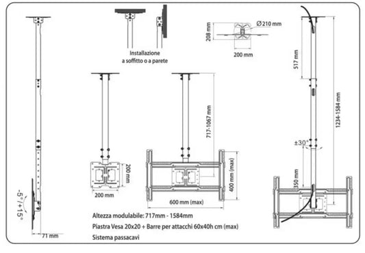 Diagramma tecnico del supporto TV da soffitto con dettagli di installazione, dimensioni regolabili da 717 a 1584 mm, inclinazione e rotazione