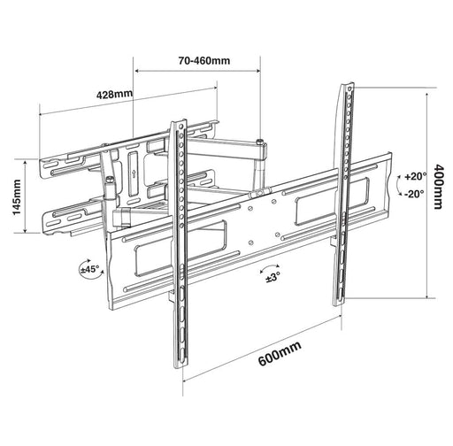 Schema tecnico del supporto TV inclinabile rotante con dettagli di installazione, regolazioni di inclinazione ±20° e rotazione ±45°, dimensioni 600x400mm