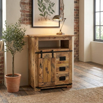 Mobile in legno di mango con anta scorrevole, ripiano e 3 cassetti