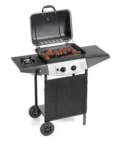 Barbecue a gas 3 fuochi 46x34x100H con doppio sistema di cottura, griglia aperta e fornello laterale. Ideale per grigliate all'aperto.