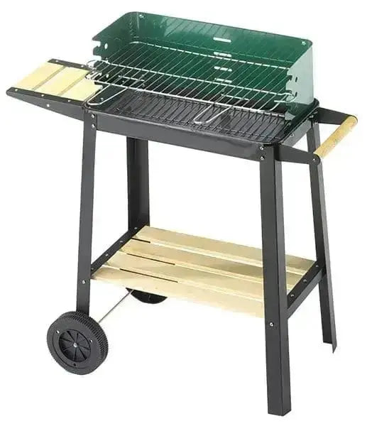 Barbecue c/ruota Ripiano e Mensole 50x25x77H in acciaio verniciato con griglia regolabile e piani in legno massello. Dotato di ruote per facile trasporto.