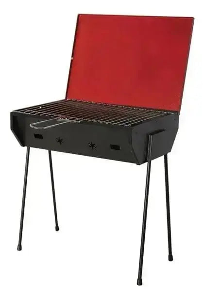 Barbecue portatile per il campeggio con struttura pieghevole 40x30x72H cm, griglia inclusa e chiusura a valigetta, ideale per esterni.