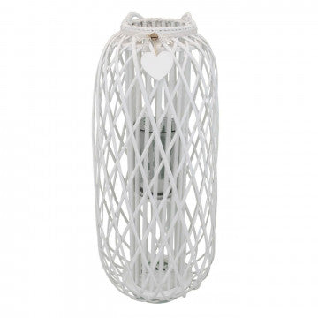Lanterna in vimini e vetro bianco con decorazioni, altezza 95 cm