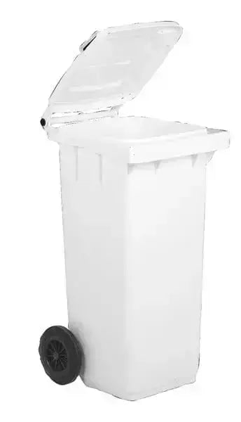 Bidone raccolta differenziata 240 litri bianco con ruote Ø 200 mm, in polietilene HD resistente e lavabile, ideale per uso domestico o industriale.
