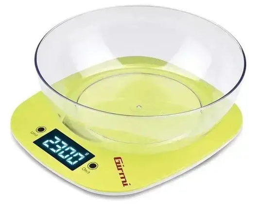 Bilancia da cucina elettronica 5kg Girmi con display retroilluminato e ciotola trasparente, ideale per misurazioni precise in cucina.